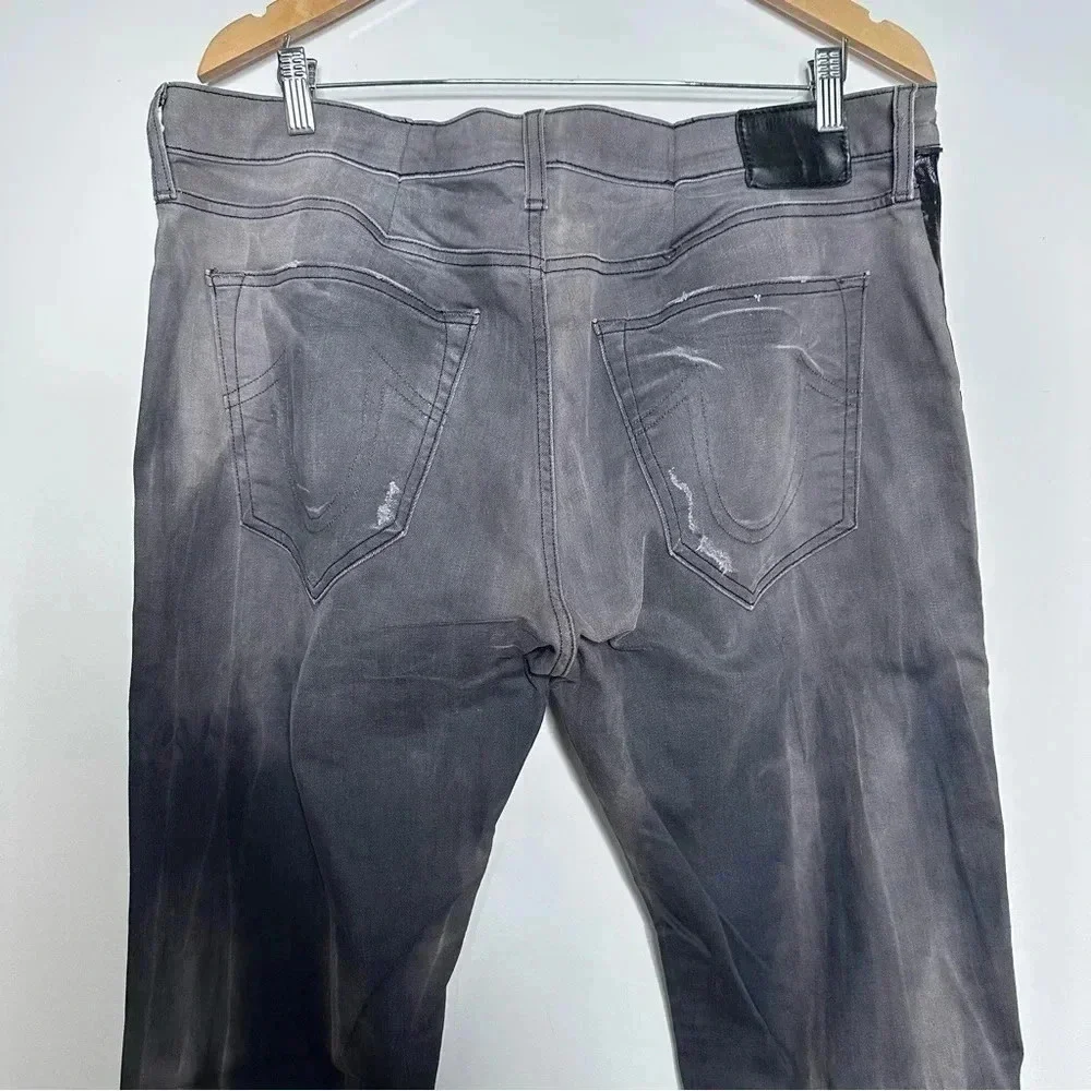 True Religion Mens Gray Rocco Relaxed Skinny Light Distressed Side Stripe Jeans